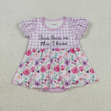 SR3343  baby girls purple checkered puff sleeve flower romper