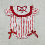 SR3345 baby girls red bow puff  smocked sleeve romper