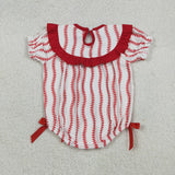 SR3345 baby girls red bow puff  smocked sleeve romper
