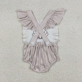 SR3396  baby girls embroidered Shell flying sleeve stripe romper