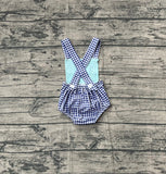 Pre-order sample SR3413 embroidered baby boys fish blue checkered romper