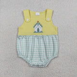 SR3703 baby boys embroidered Easter house yellow green checkered romper