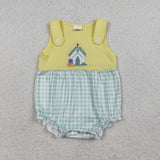 SR3703 baby boys embroidered Easter house yellow green checkered romper