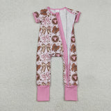 SR3763 baby girls bow cow pink short sleeves zipper romper