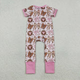 SR3763 baby girls bow cow pink short sleeves zipper romper