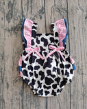 SR3898 baby girls cow pink checkered bow romper