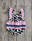 SR3898 baby girls cow pink checkered bow romper
